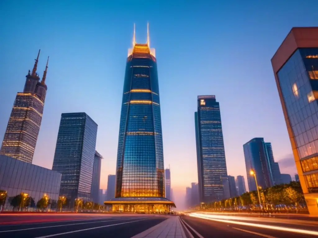Rascacielos de lujo al atardecer: símbolo de éxito en el mundo inmobiliario Imponente rascacielos moderno al atardecer, reflejando el sol en su fachada de cristal, en un bullicioso paisaje urbano