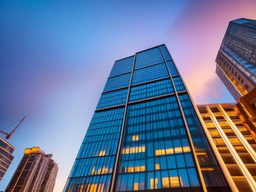Edificio de lujo en la ciudad al atardecer: innovación y sofisticación Imponente rascacielos moderno al atardecer, luces de la ciudad iluminan su fachada de vidrio