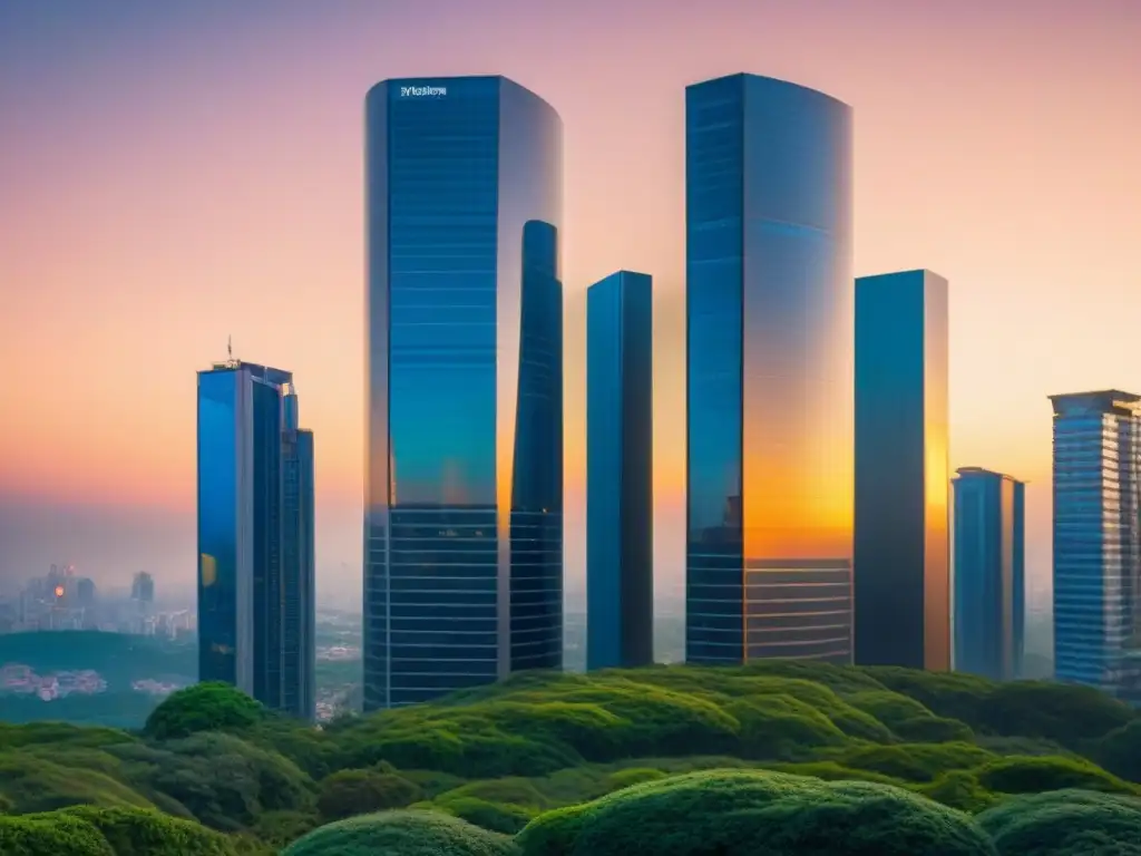 Rascacielos de lujo en atardecer dorado: fusión de naturaleza y modernidad Imponente rascacielos moderno en atardecer vibrante, reflejando luz dorada en fachada de vidrio