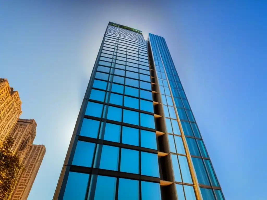 Rascacielos moderno: símbolo de prosperidad urbana en 8k Imponente rascacielos moderno en la ciudad, reflejando el paisaje urbano en su fachada de cristal bajo el cielo azul