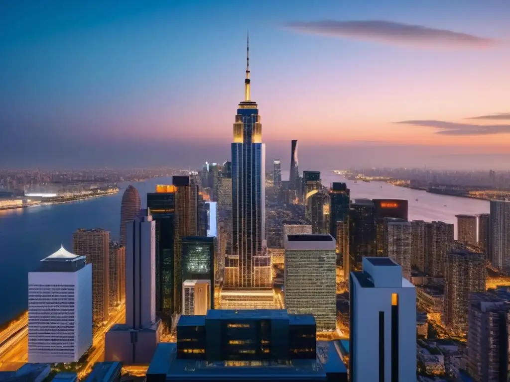 Edificio de lujo en ciudad global: diseño vanguardista en 8k Imponente rascacielos moderno en una ciudad global, con diseño vanguardista y luces nocturnas reflejadas en ventanales de cristal