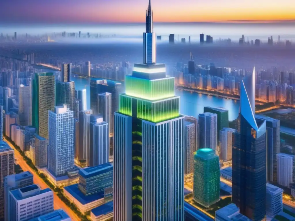 Rascacielos futurista en ciudad vibrante | Real Estate Imponente rascacielos moderno en ciudad vibrante, reflejando éxito e innovación en estrategias branding inmobiliario mercados internacionales