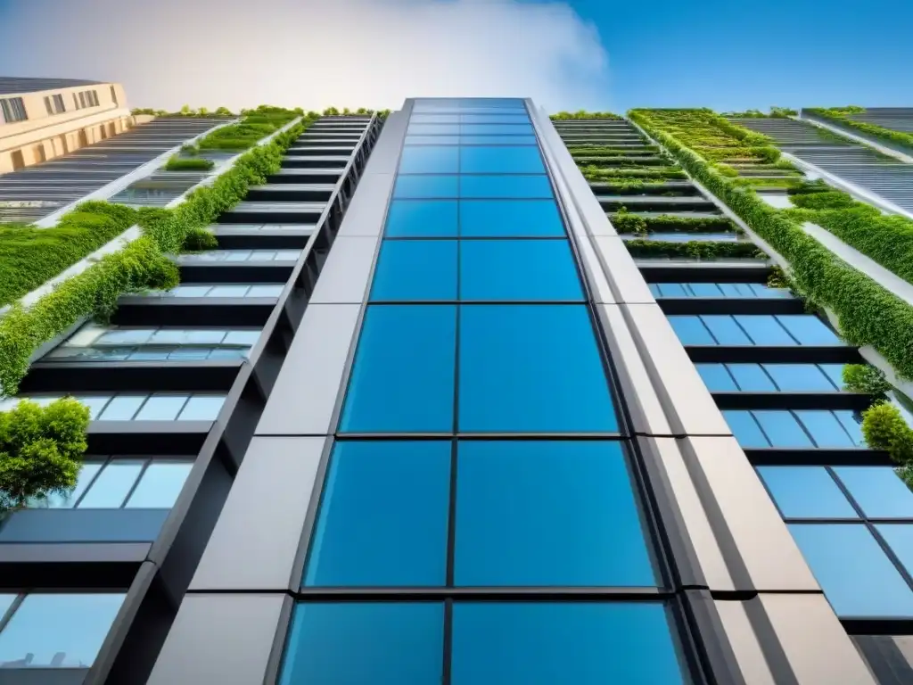Espléndido rascacielos moderno en 8k rodeado de naturaleza Imponente rascacielos moderno en ciudad, con terraza y jardines, reflejando belleza urbana y natural