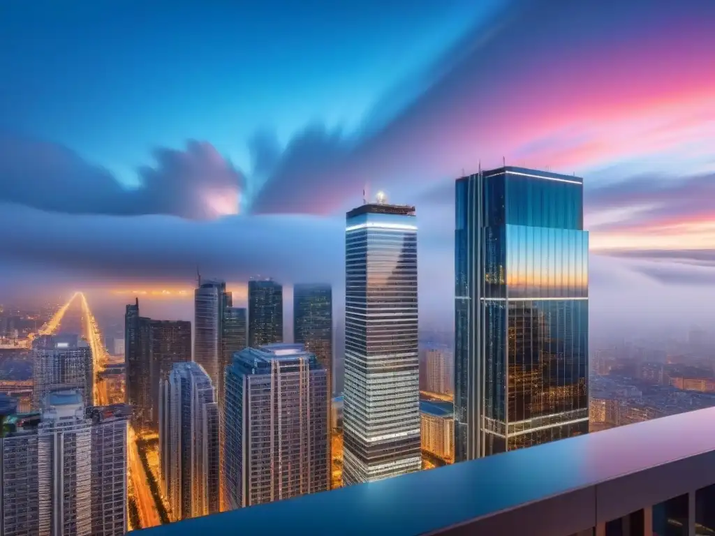 Imponente rascacielos moderno reflejando la ciudad al anochecer, simbolizando las regulaciones fiscales en inversiones inmobiliarias internacionales