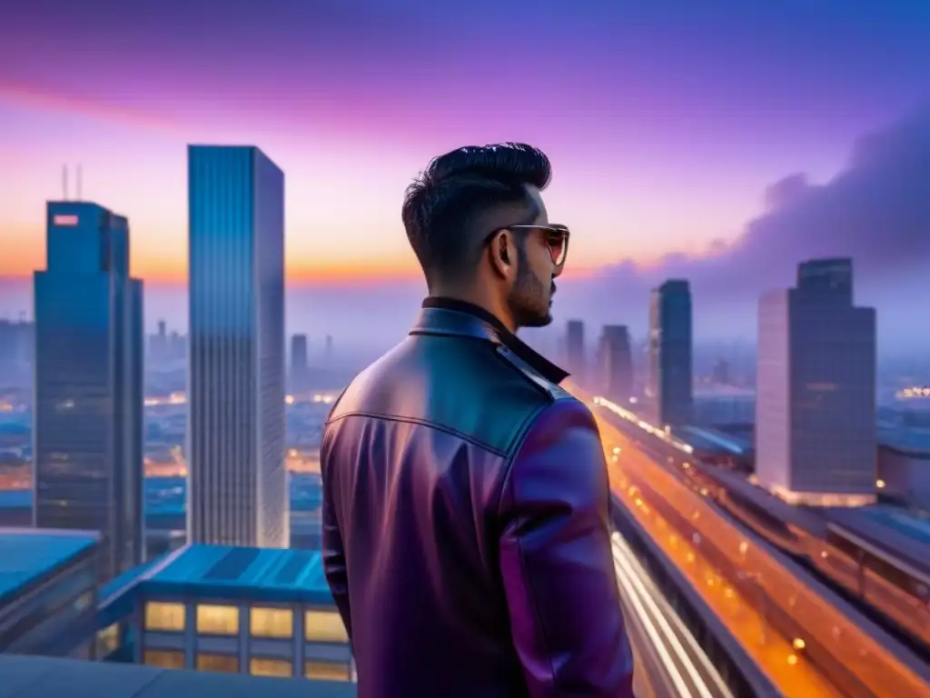 Rascacielos urbano: diseño moderno y atardecer vibrante Un imponente rascacielos moderno en una ciudad bulliciosa al atardecer, destacando líneas elegantes y una mezcla de vidrio y acero