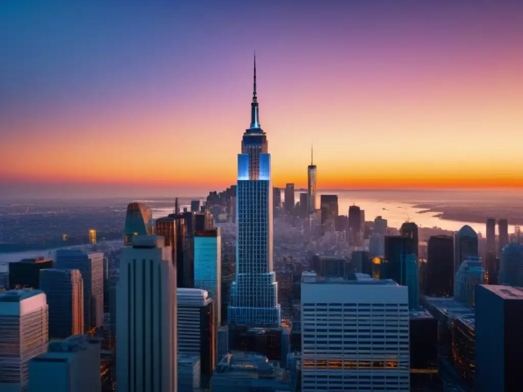 Espléndido rascacielos moderno en ciudad vibrante al atardecer Imponente rascacielos moderno en ciudad vibrante al atardecer