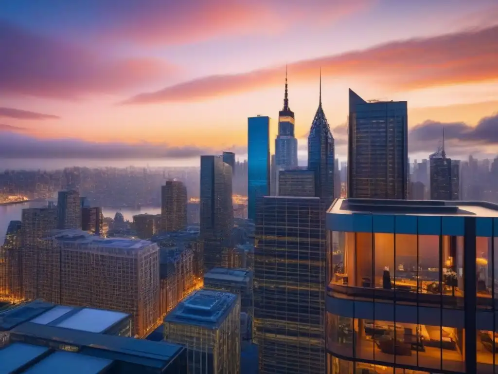Esplendor urbano al atardecer: moderno rascacielos refleja ciudad vibrante Un imponente rascacielos moderno refleja la ciudad al atardecer, mostrando un ambiente urbano global y dinámico