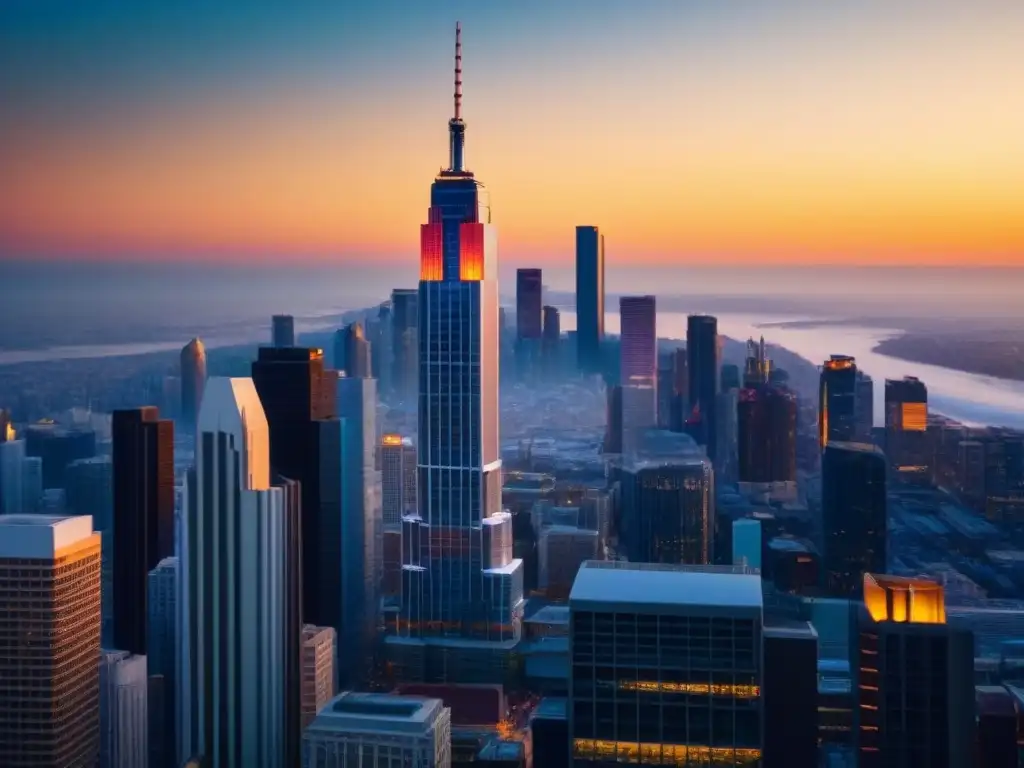 Rascacielos moderno al atardecer en ciudad vibrante Imponente rascacielos moderno en ciudad vibrante al atardecer, estrategias éxito inmobiliario entorno inflacionario