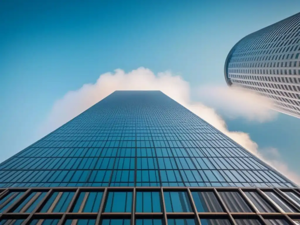 Rascacielos moderno y sofisticado: inversión global en arquitectura Imponente rascacielos moderno reflejando la ciudad en su fachada de cristal, símbolo de Due Diligence inmobiliaria internacional detallada