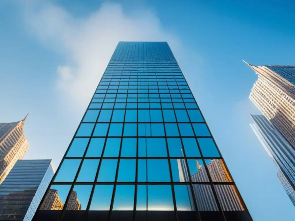 Espléndido rascacielos moderno en 8k: elegancia y sofisticación urbana Imponente rascacielos moderno reflejando la ciudad en su fachada de cristal