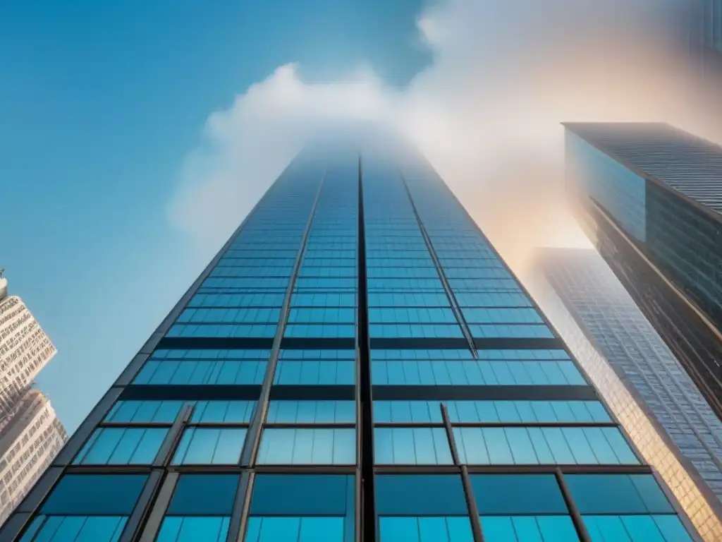 Rascacielos moderno y sofisticado en la ciudad Imponente rascacielos moderno en ciudad vibrante, reflejando innovación en Financiamiento para M&A inmobiliarias
