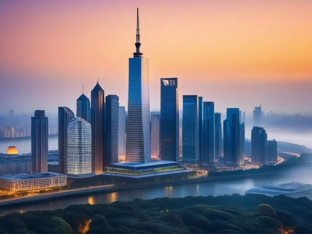 Rascacielos de lujo en la ciudad al anochecer Imponente rascacielos moderno en ciudad atardecer, reflejando refinanciamiento estratégico mercado inmobiliario internacional