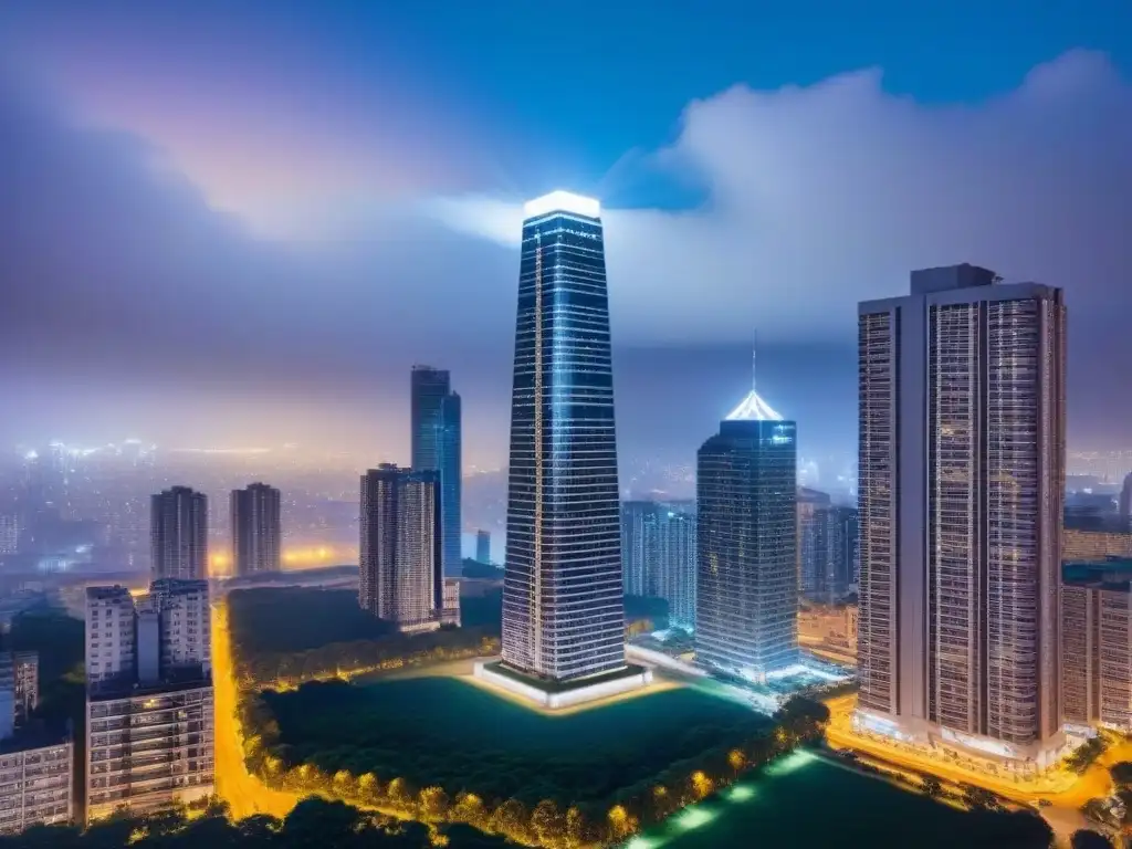 Edificio de lujo en ciudad vibrante: éxito en mercado inmobiliario Imponente rascacielos moderno en una ciudad vibrante de noche, simbolizando éxito en Inversiones mercado inmobiliario internacional