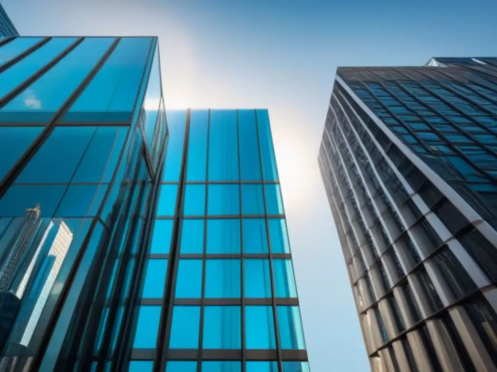 Edificio de lujo con fachada de cristal en la ciudad Imponente rascacielos moderno de cristal reflejando el dinámico paisaje urbano