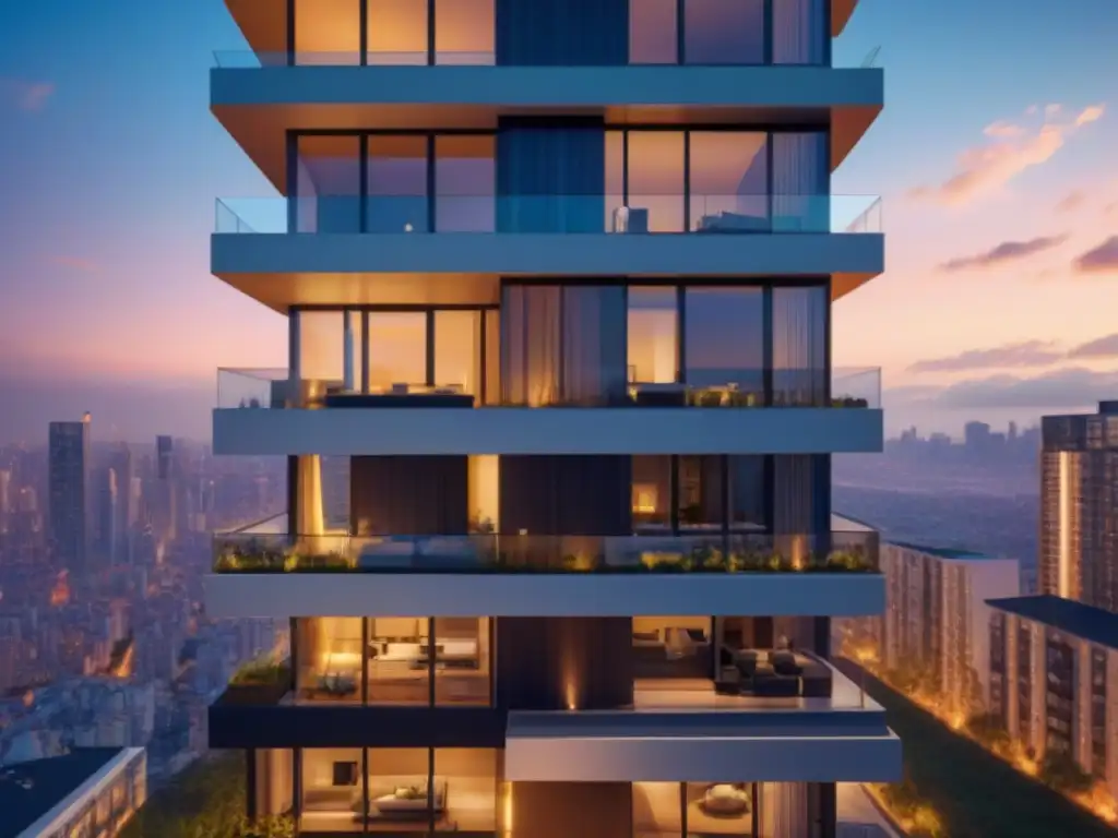 Condominio de lujo en la ciudad al anochecer Imponente rascacielos moderno con detalles arquitectónicos y luces nocturnas, reflejando la ciudad