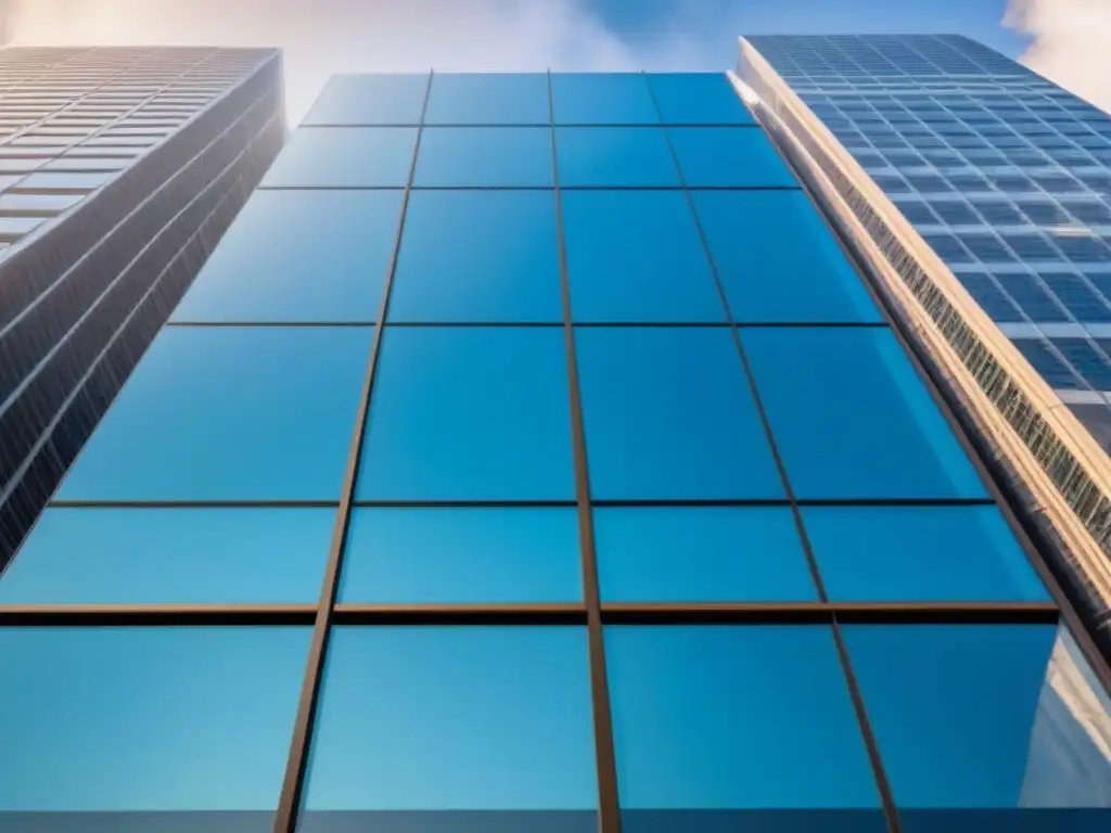 Rascacielos moderno y elegante en mercado inmobiliario Imponente rascacielos moderno con fachada de vidrio reflectante en un cielo azul claro, rodeado de vegetación exuberante