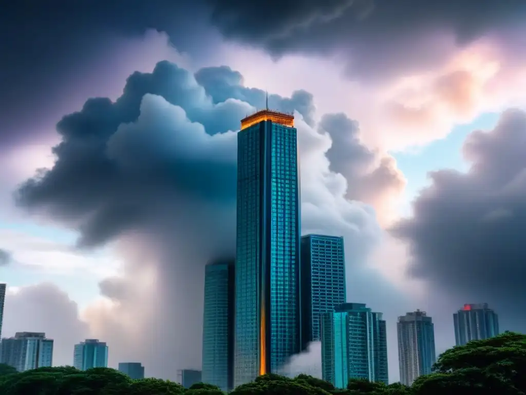 Rascacielos moderno desafiando tormenta: símbolo de resiliencia económica Imponente rascacielos moderno frente a nubes tormentosas, simbolizando éxito y estrategias anticíclicas mercado inmobiliario