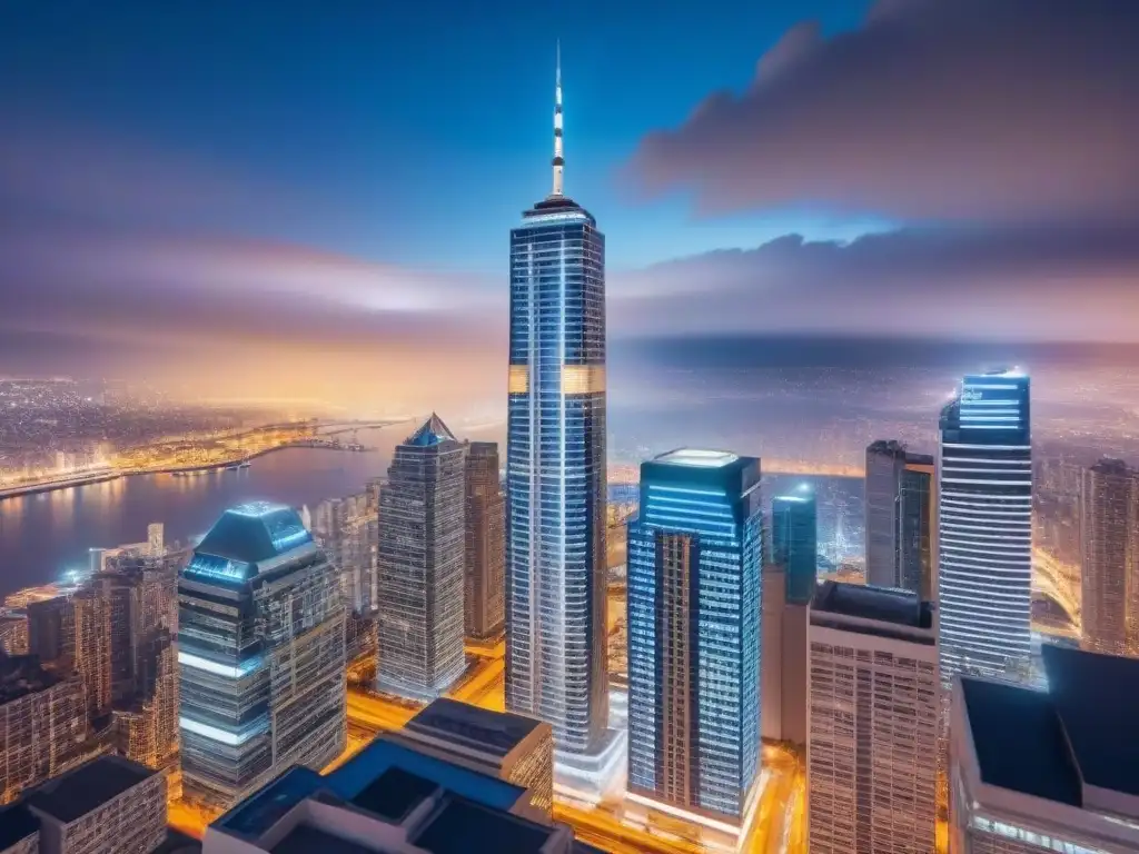 Rascacielos moderno iluminado en la noche: símbolo de innovación y éxito en el mercado inmobiliario global Imponente rascacielos moderno en la noche iluminado por luces de la ciudad, reflejando innovación y éxito en el mercado inmobiliario
