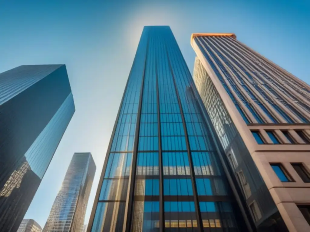 Rascacielos moderno y sofisticado en un distrito financiero vibrante Un imponente rascacielos moderno y reflectante en un distrito financiero bullicioso, simbolizando la estabilidad y potencial de crecimiento de los Fideicomisos de Inversión en Bienes Raíces (REITs)
