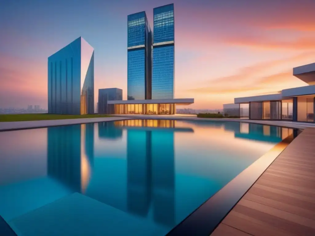Rascacielos futurista al atardecer: reflejos de innovación y elegancia Imponente rascacielos moderno reflejado en agua, capturando la puesta de sol