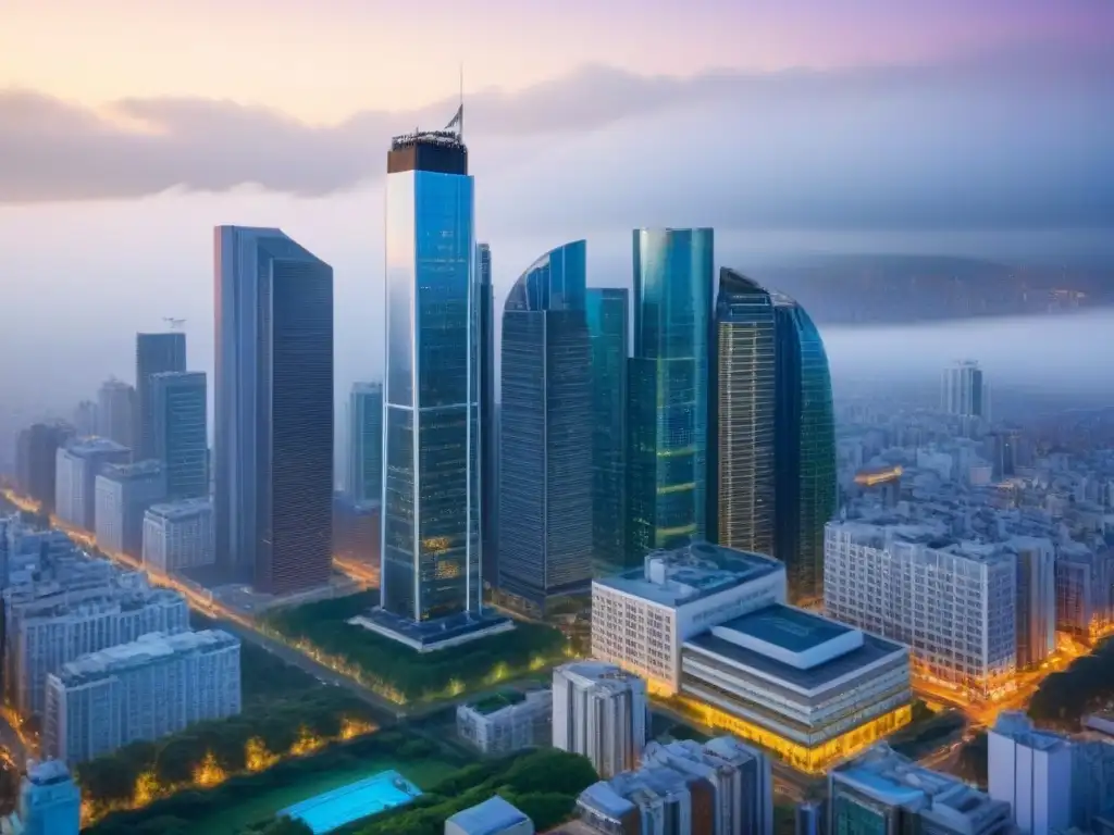 Espectacular rascacielos de vidrio en metrópolis vibrante Imponente rascacielos moderno con reflejos urbanos, en un entorno verde