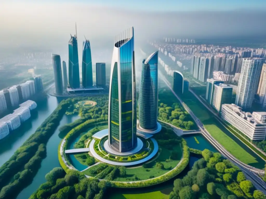 Rascacielos moderno en metrópolis vibrante Un imponente rascacielos moderno rodeado de parques verdes y edificios futuristas en una ciudad bulliciosa