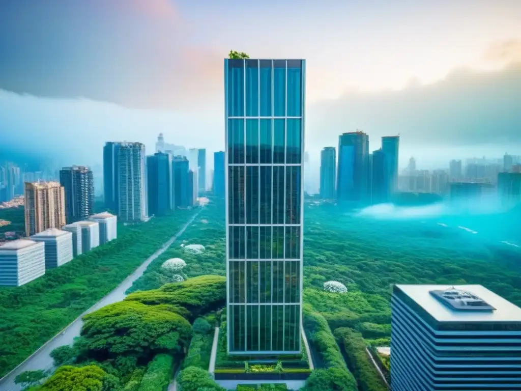 Espectacular rascacielos moderno entre vegetación en ciudad vibrante Imponente rascacielos moderno rodeado de vegetación en entorno urbano, reflejando ciudad vibrante
