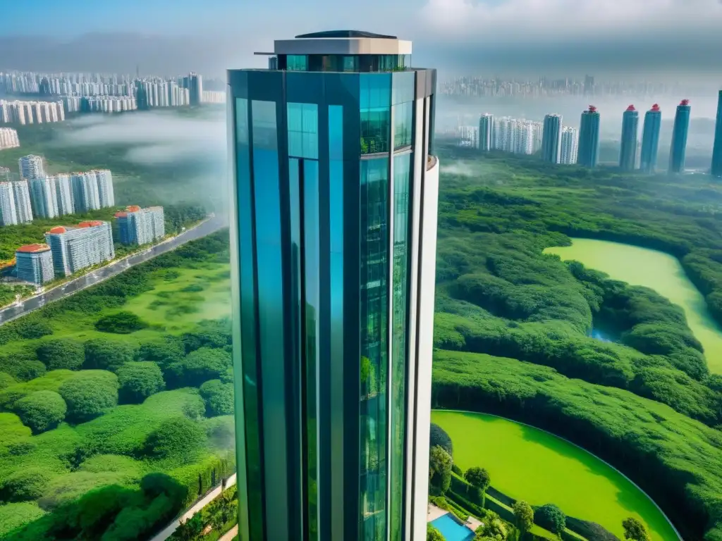 Esplendor inmobiliario: rascacielos de éxito rodeado de exuberancia Imponente rascacielos moderno rodeado de exuberante vegetación, reflejo de la reputación online de marcas inmobiliarias