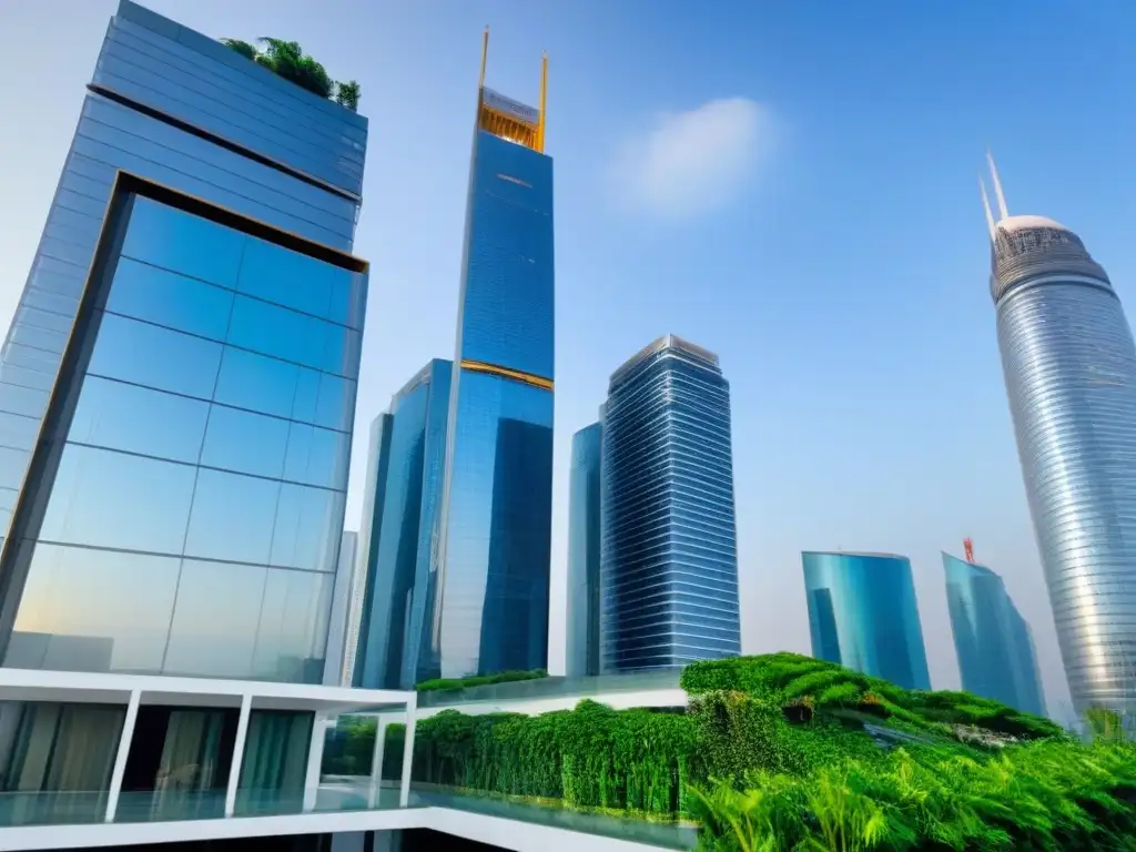 Rascacielos futurista: lujo urbano y naturaleza Imponente rascacielos moderno rodeado de vegetación, reflejando la ciudad en su fachada