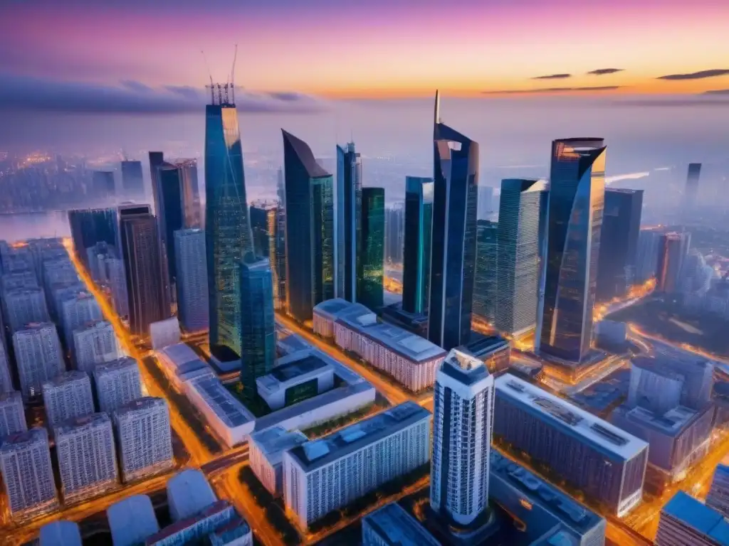 Espléndido rascacielos al atardecer en la ciudad Un imponente rascacielos moderno rodeado de una bulliciosa ciudad al anochecer, reflejando la luz del atardecer