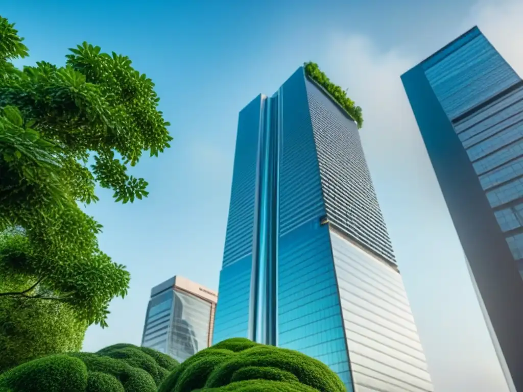 Rascacielos moderno rodeado de naturaleza exuberante Imponente rascacielos moderno rodeado de vegetación exuberante, simbolizando Inversiones inmobiliarias internacionales rentables