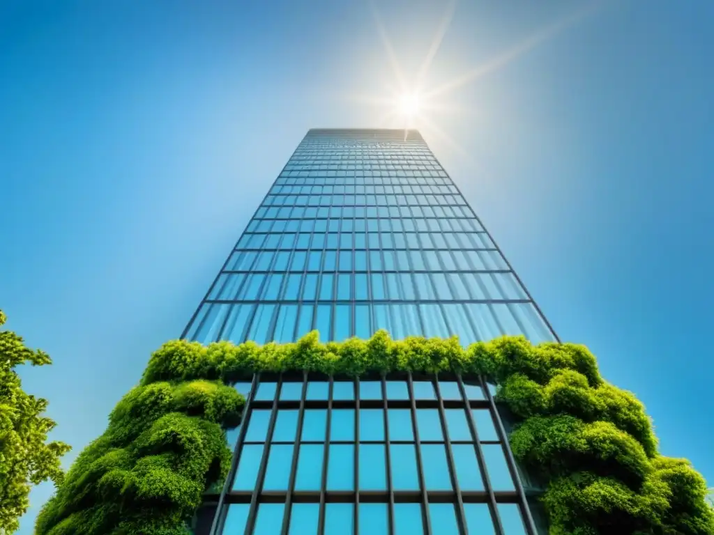 Rascacielos moderno entre vegetación exuberante Imponente rascacielos moderno rodeado de vegetación, bajo cielo azul
