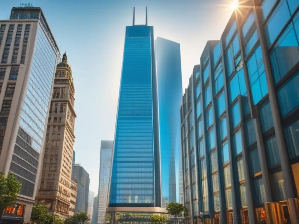 Rascacielos moderno en ciudad vibrante | Foto 8k detallada Imponente rascacielos moderno reflejando el sol en su fachada de cristal en una ciudad bulliciosa, simbolizando inversiones inmobiliarias