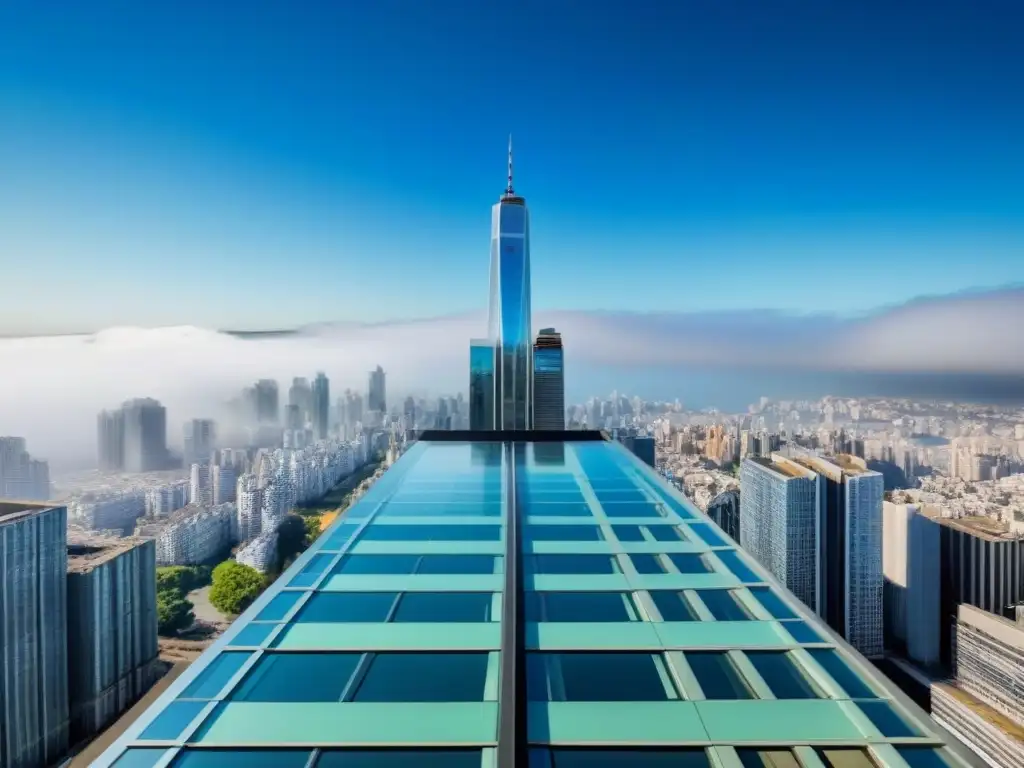 Rascacielos moderno reflejando la ciudad: éxito y crecimiento global Imponente rascacielos moderno reflejando la vibrante ciudad, bajo un cielo azul