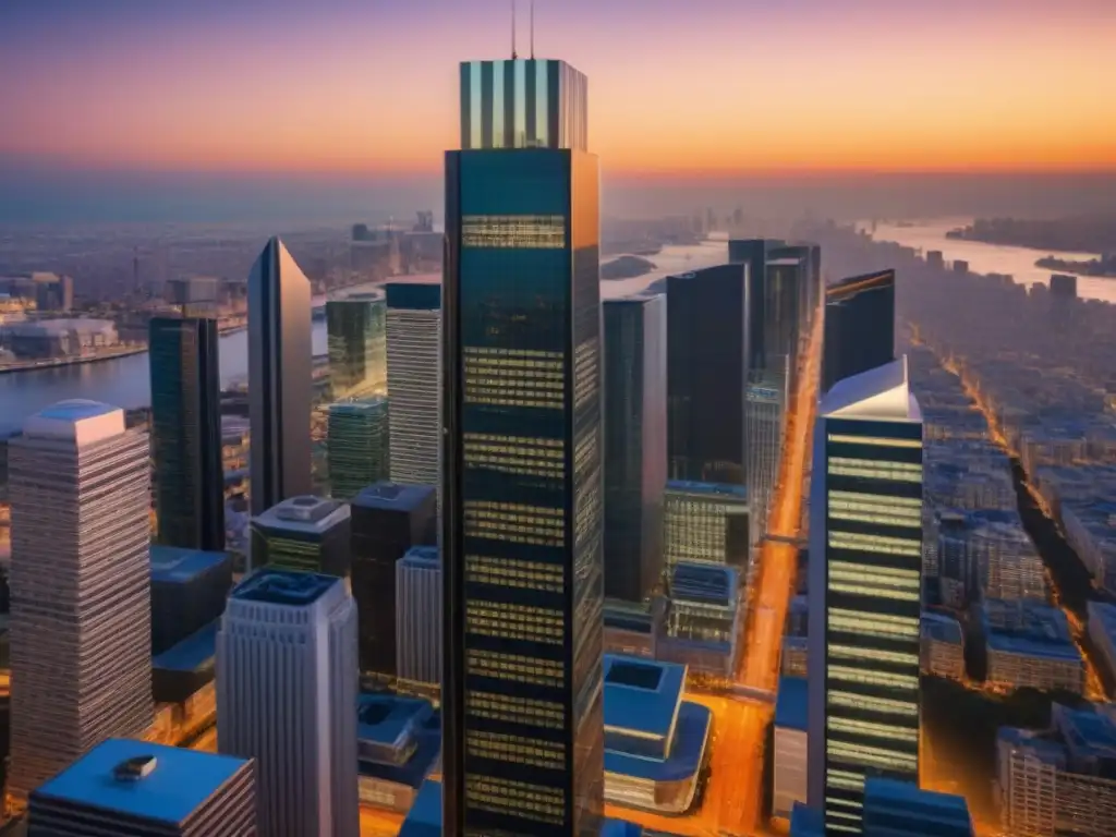 Edificio moderno al atardecer en ciudad activa Un imponente rascacielos de oficinas en una ciudad activa al atardecer