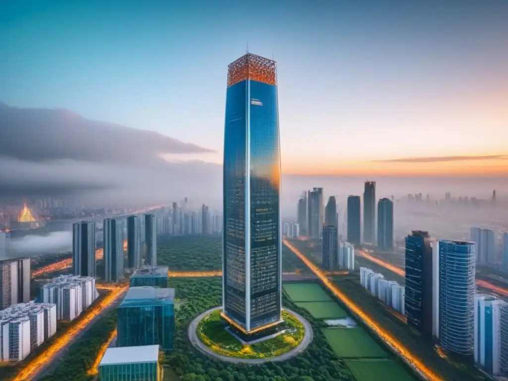 Rascacielos sostenible en ciudad emergente: diseño innovador y verde en M&A Imponente rascacielos sostenible en mercado emergente, fusionando arquitectura innovadora con naturaleza
