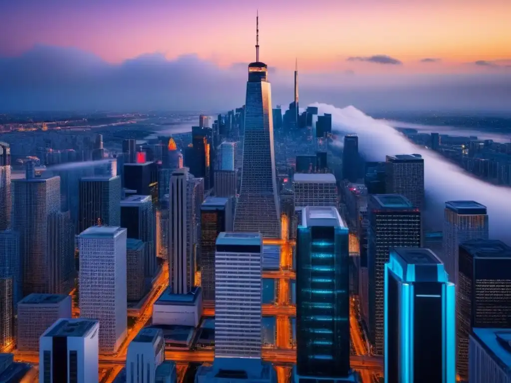 Rascacielos futurista en ciudad financiera global Imponente rascacielos en metrópolis vibrante con pantallas digitales, reflejando Alianzas estratégicas marca inmobiliaria