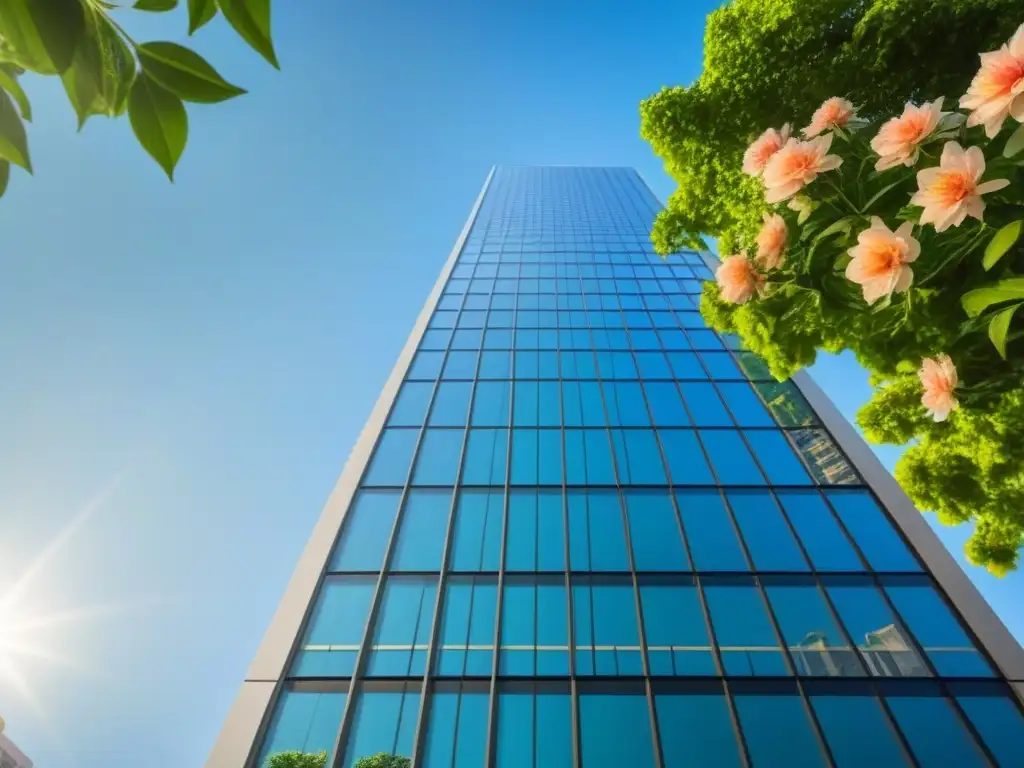 Rascacielos de cristal y acero: símbolo de éxito y crecimiento Imponente rascacielos de vidrio y acero, rodeado de naturaleza exuberante, simbolizando éxito financiero con estrategias ingresos pasivos REITs
