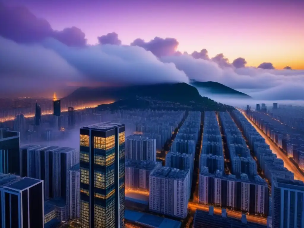 Espectacular rascacielos de vidrio reflejando la ciudad al anochecer Imponente rascacielos de vidrio reflejando la ciudad al anochecer, con diseño arquitectónico contemporáneo y luces deslumbrantes iluminando la fachada