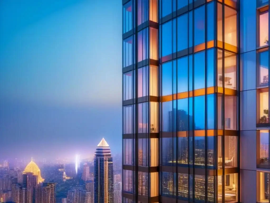 Rascacielos de cristal: lujo urbano y éxito en inversión inmobiliaria Imponente rascacielos de vidrio en una ciudad vibrante, simbolizando éxito en inversión inmobiliaria internacional tendencias globales