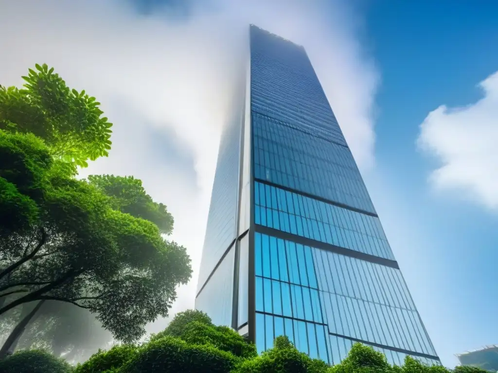 Arquitectura moderna: rascacielos de vidrio ecológico rodeado de naturaleza Un imponente rascacielos de vidrio rodeado de vegetación, simboliza la inversión inmobiliaria internacional en un mercado sostenible y moderno