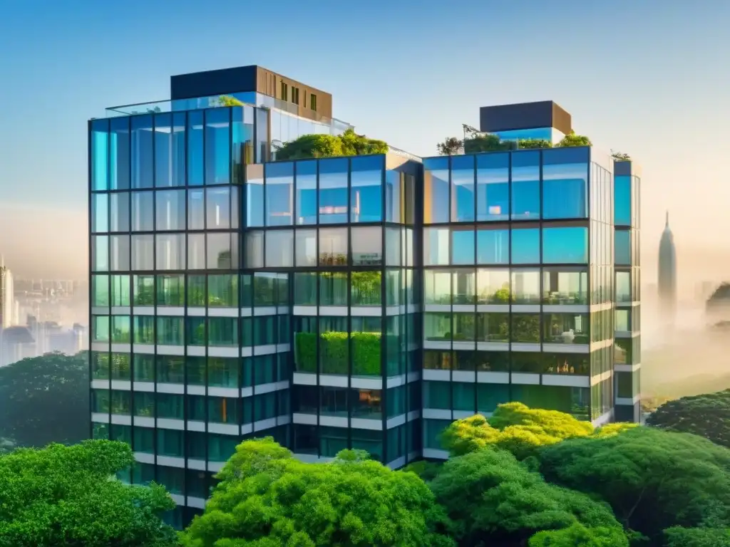 Edificio moderno entre naturaleza y ciudad Imponente rascacielos con vidrios reflectantes, rodeado de exuberante vegetación y una ciudad bulliciosa al fondo