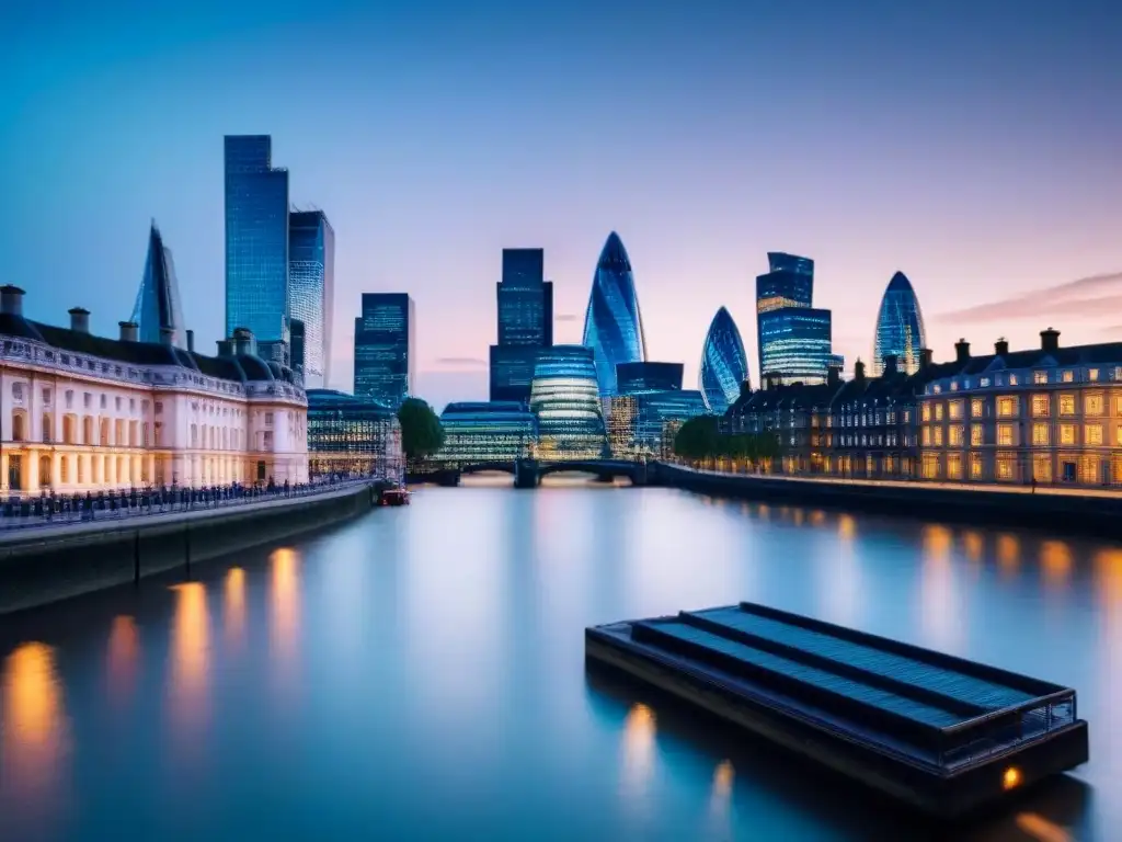Horizonte financiero de Londres: poder y sofisticación al anochecer Imponente skyline financiero de Londres al atardecer, reflejado en el Támesis