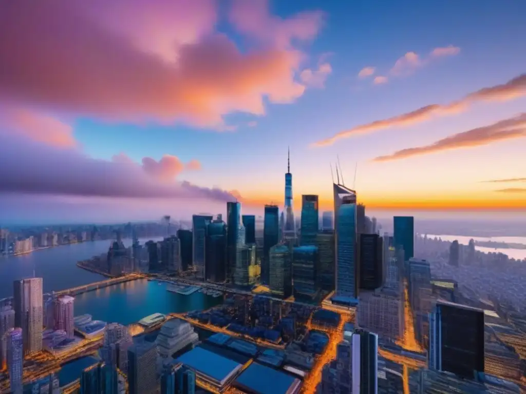 Horizonte urbano: ciudad global con símbolos de criptomonedas al atardecer Imponente skyline urbano al atardecer con rascacielos reflejando colores cálidos, símbolos de monedas digitales