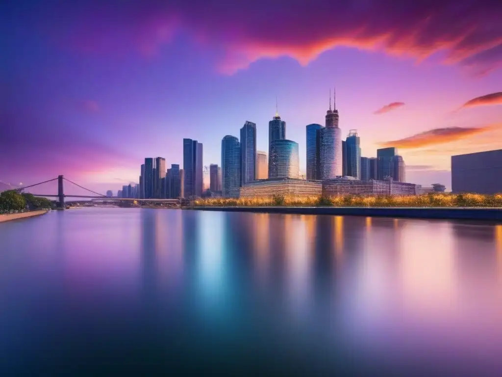 Horizonte urbano al atardecer: luces en rascacielos de cristal Imponente skyline urbano al atardecer con rascacielos de cristal iluminados reflejados en el río
