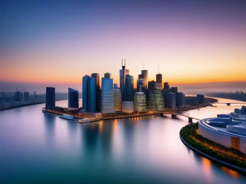 Horizonte urbano moderno al atardecer: imagen 8k detallada Imponente skyline urbano al atardecer, con rascacielos iluminados por luz dorada y reflejos en río tranquilo