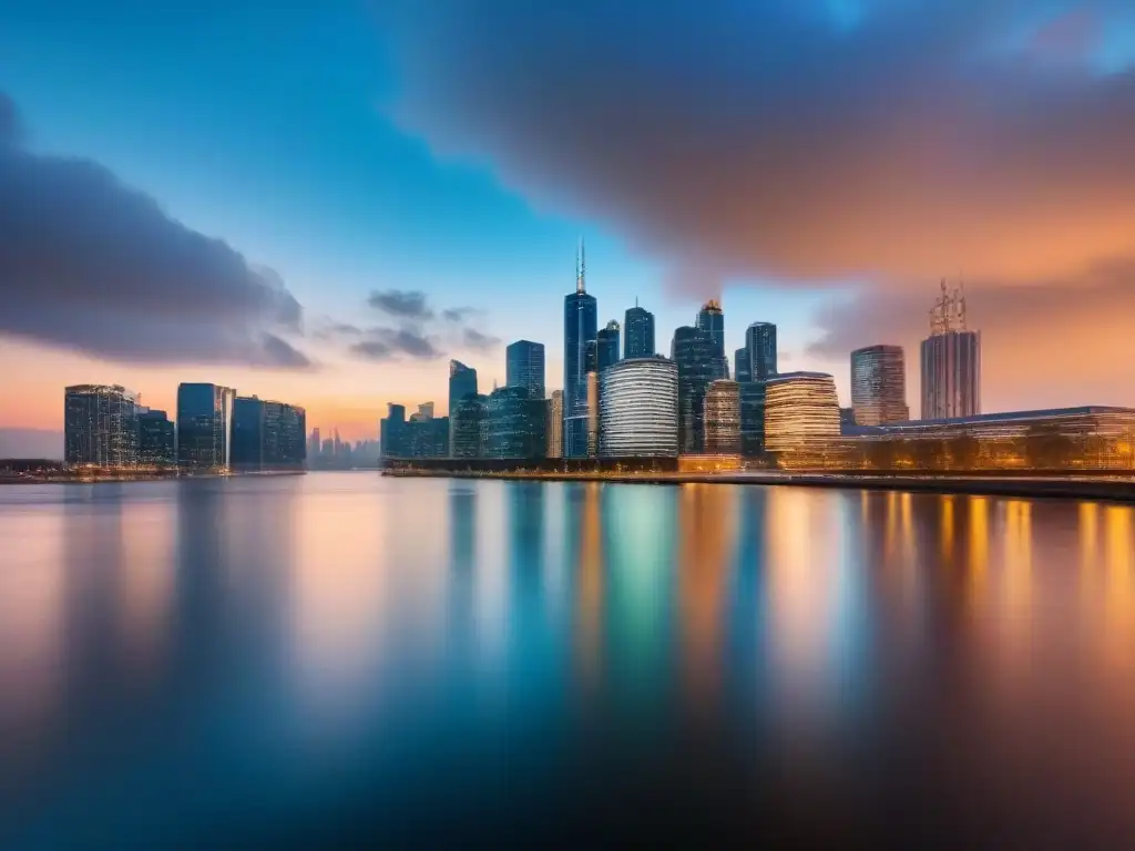 Horizonte urbano moderno al atardecer: símbolo de poder y progreso Imponente skyline urbano al atardecer, reflejo del poder de las políticas gubernamentales en inversiones inmobiliarias internacionales