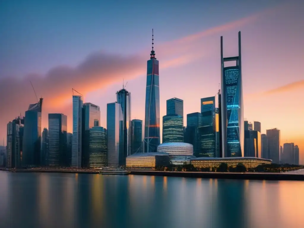 Horizonte urbano moderno: gráficos de cambio de divisa en atardecer Imponente skyline urbano al atardecer con gráficos de fluctuaciones cambiarias mercado inmobiliario superpuestos en edificios de cristal