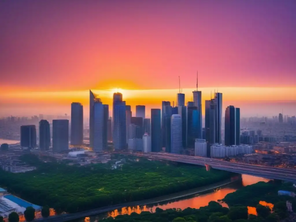 Horizonte urbano moderno al atardecer: resiliencia y protección Imponente skyline urbano moderno al atardecer, representando protección y resistencia