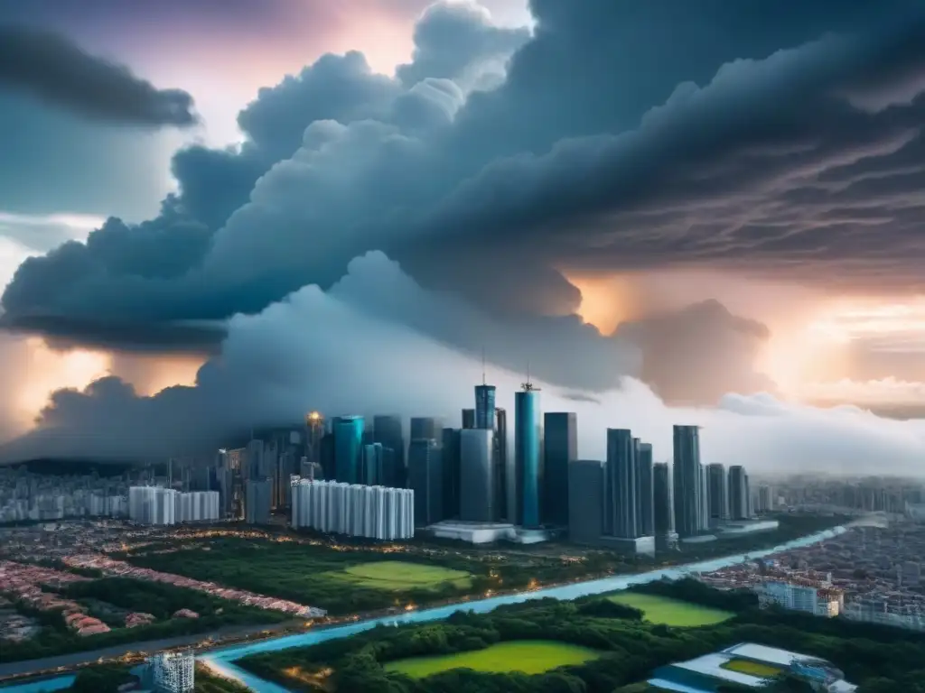 Resiliencia urbana: rascacielos modernos frente a tormenta Imponente skyline urbano moderno frente a nubes tormentosas